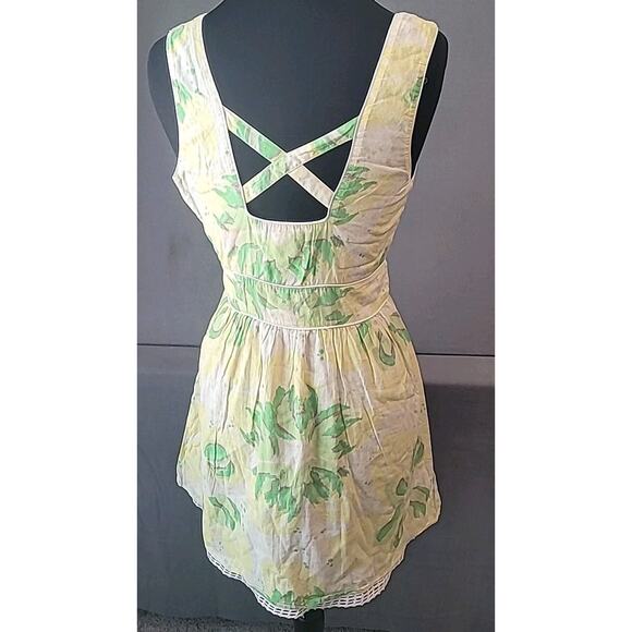 Free People Y2K Vintage Floral Mini Dress Yellow Green Size 6 Boho Retro EUC - Picture 3 of 9